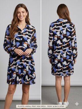 Nine West Pleated Long Sleeve Shift Dress - Blue/Black Abstract - Size M